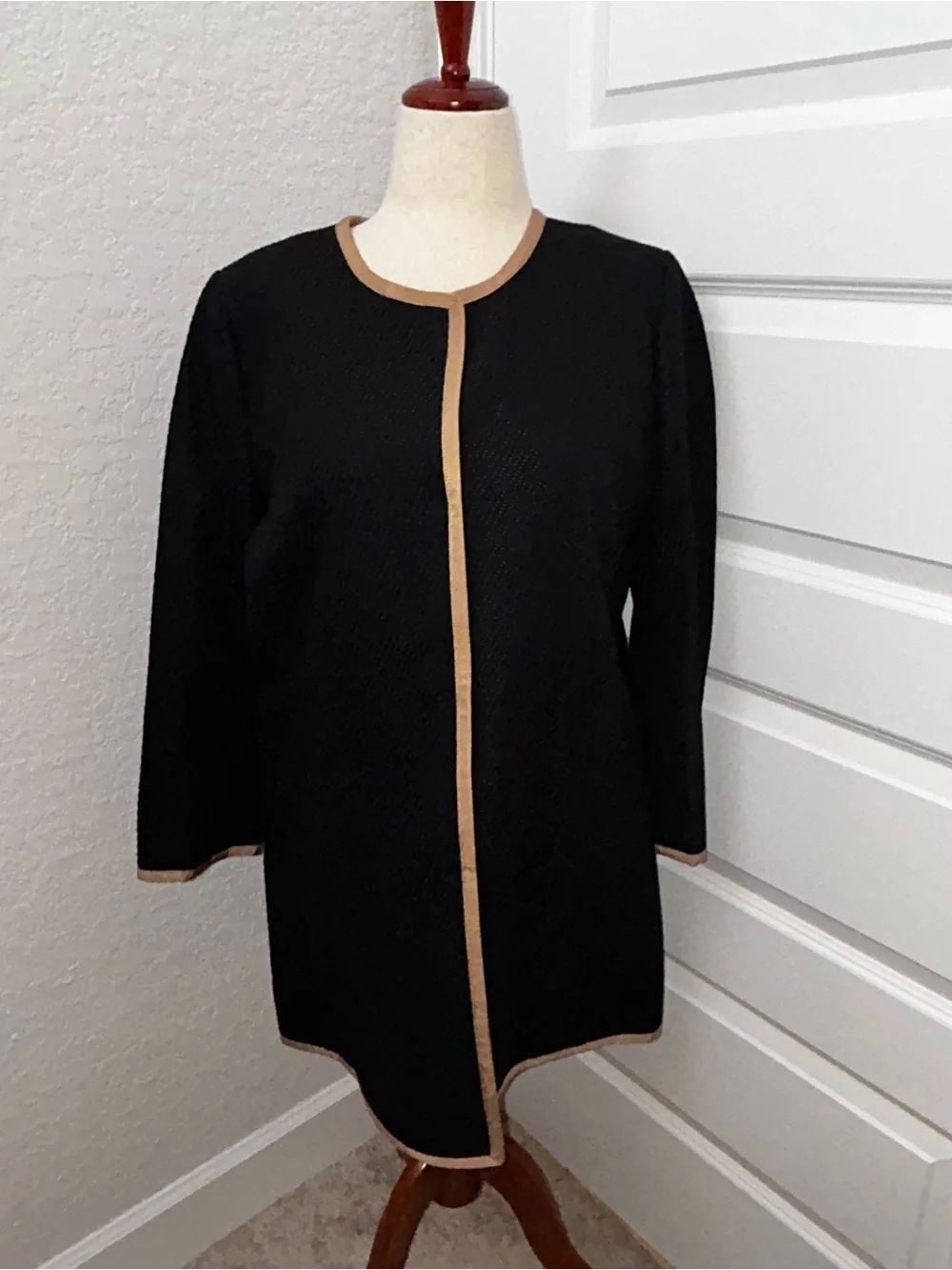 Talbots Black Tan Snap Button Long Sleeve Long Jacket Coat